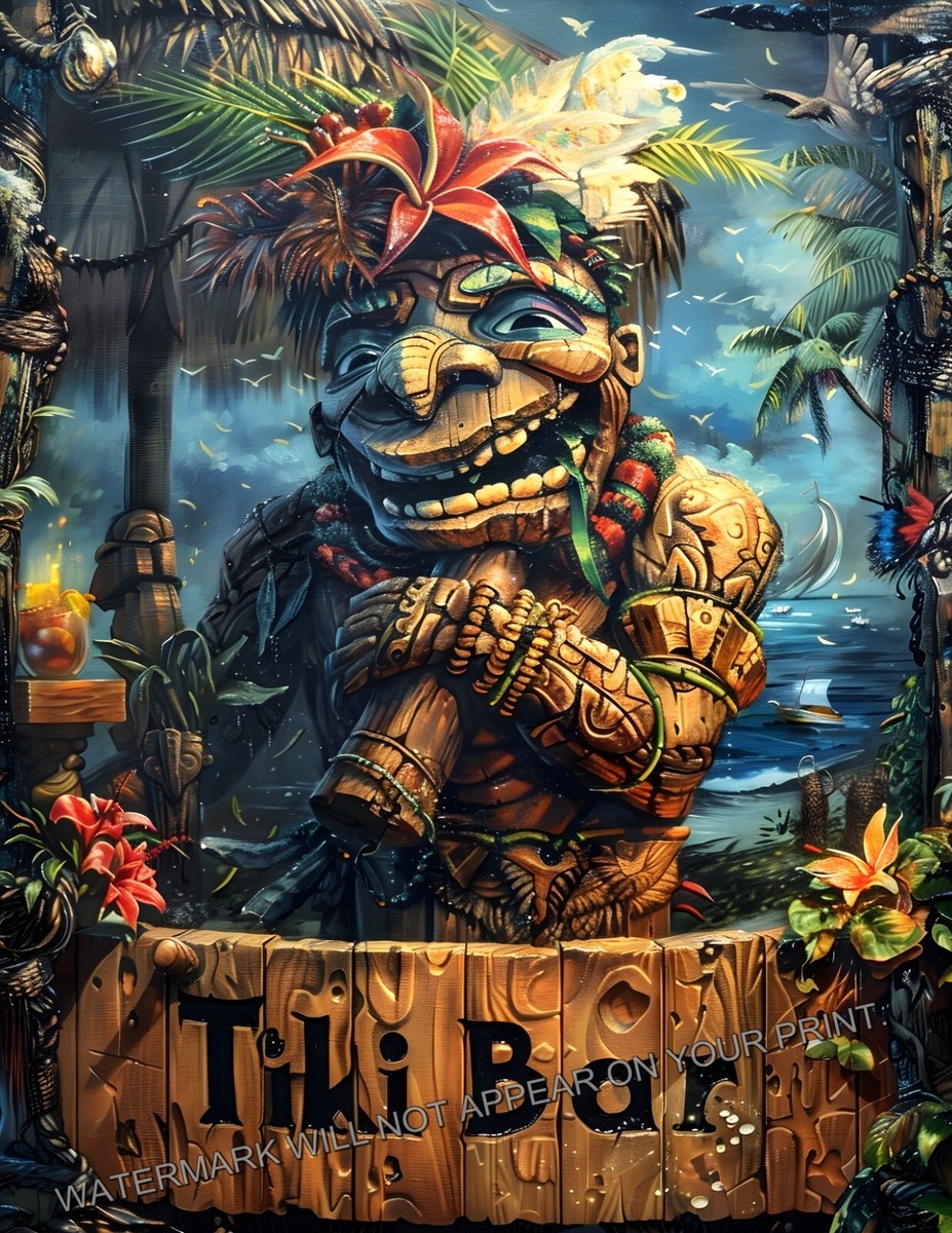 Tiki Bar Polynesian Beach Tropical Retro Hawaiian Mid Century Art