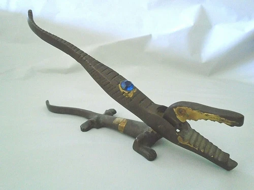 Unique Vintage Brass Bronze & Colored Rhinestone Nutcracker Alligator Croc 6.5"