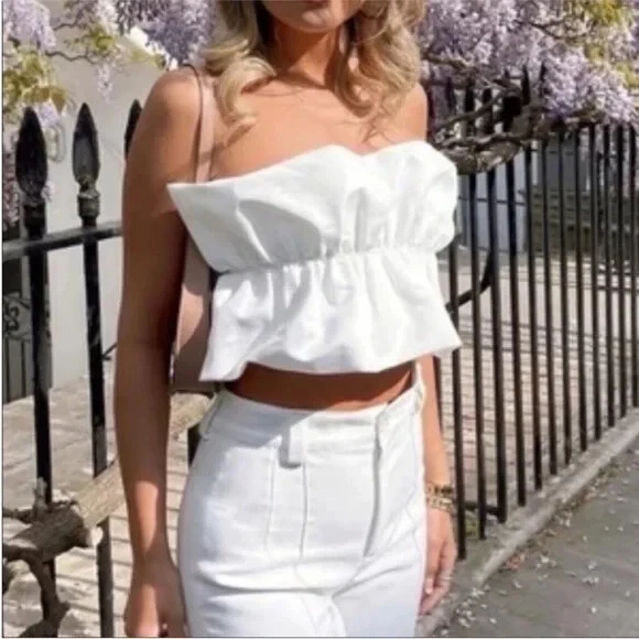 NEW ZARA Voluminous Bandeau Puff Crop Top White Tube Strapless Ruffle Flounce L