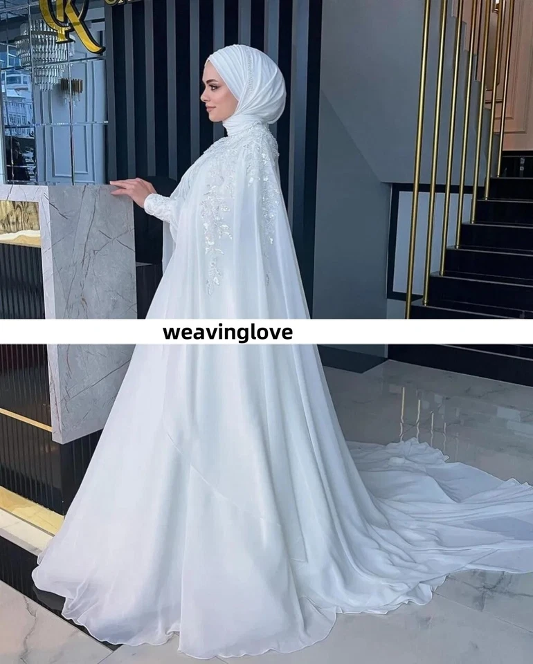 Vestidos de novia musulmanes cuello alto mangas largas apliques de gasa vestidos de novia Foto 2 de 4