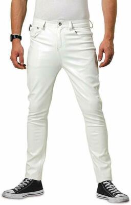 Men's Real Leather Trouser Biker Motorcycle Jeans Pant White Cowhide Leathers