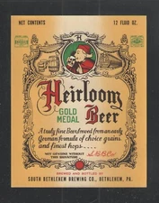 HEIRLOOM GOLD MEDAL BEER LABEL 12 OZ BETHLEHEM PA { NICE GRAPHICS }