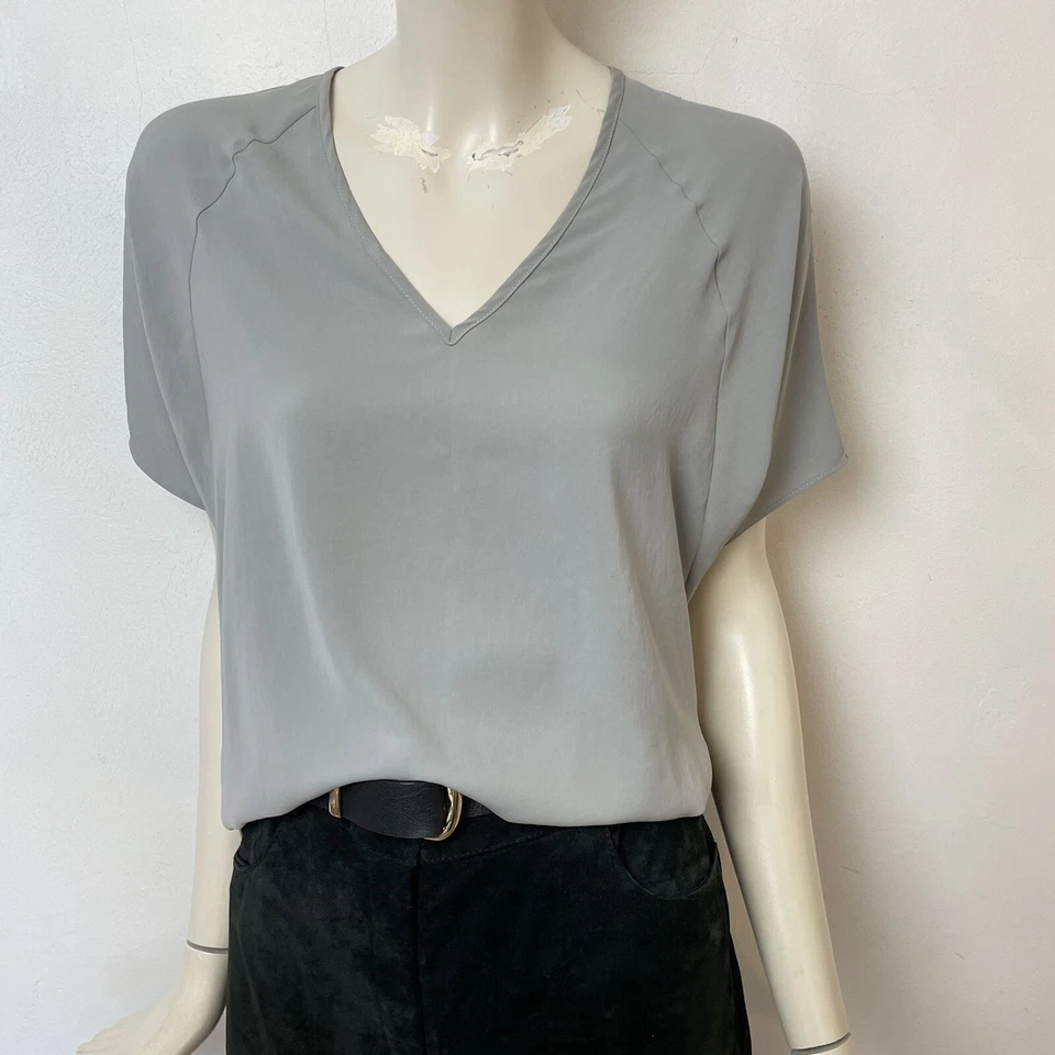 Helmut Lang Tshirt Top Grey Dolman Sleeve V Neck Small Satin Front Minimal - Image 4 of 4