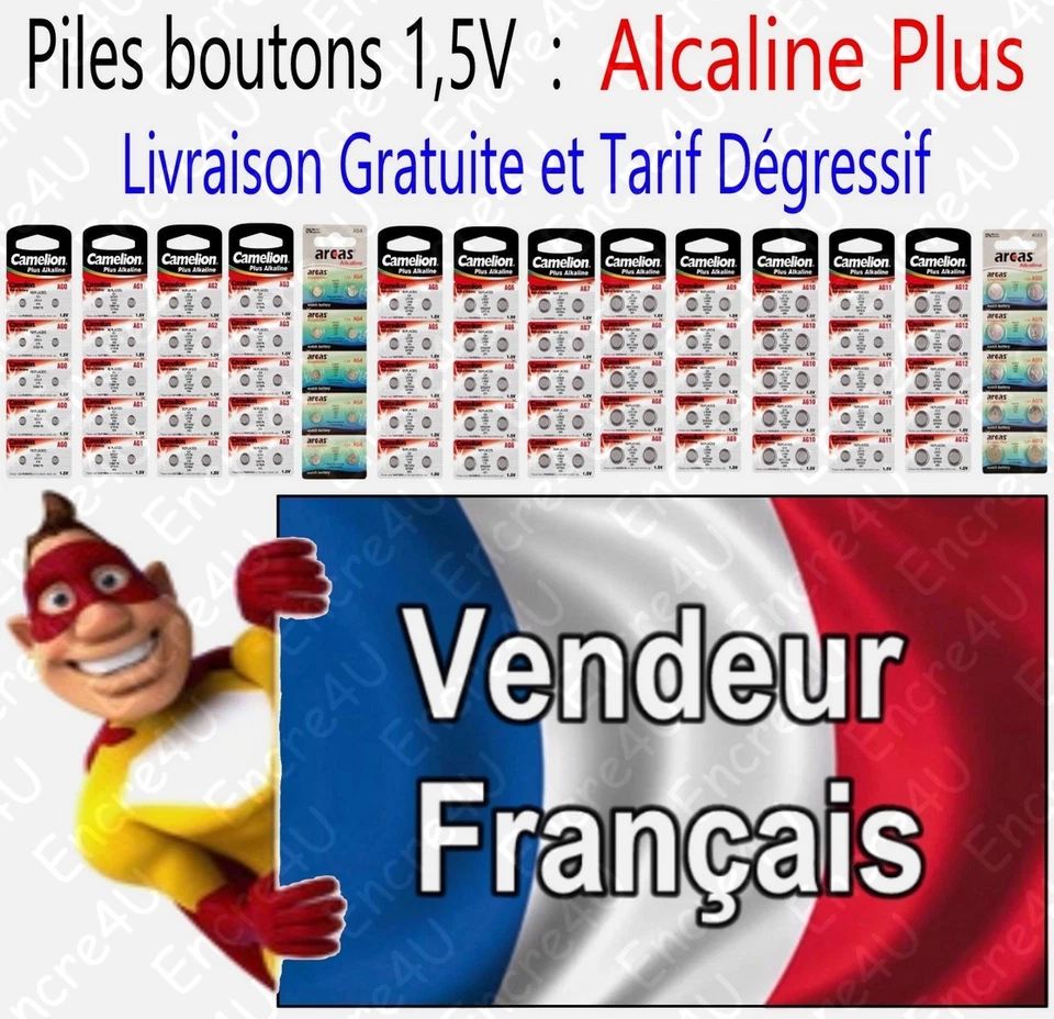 Piles boutons 1,5V Alcaline - Modèle AG2 LR59 LR726 396 LR41 LR44 LR43 LR54 LR66