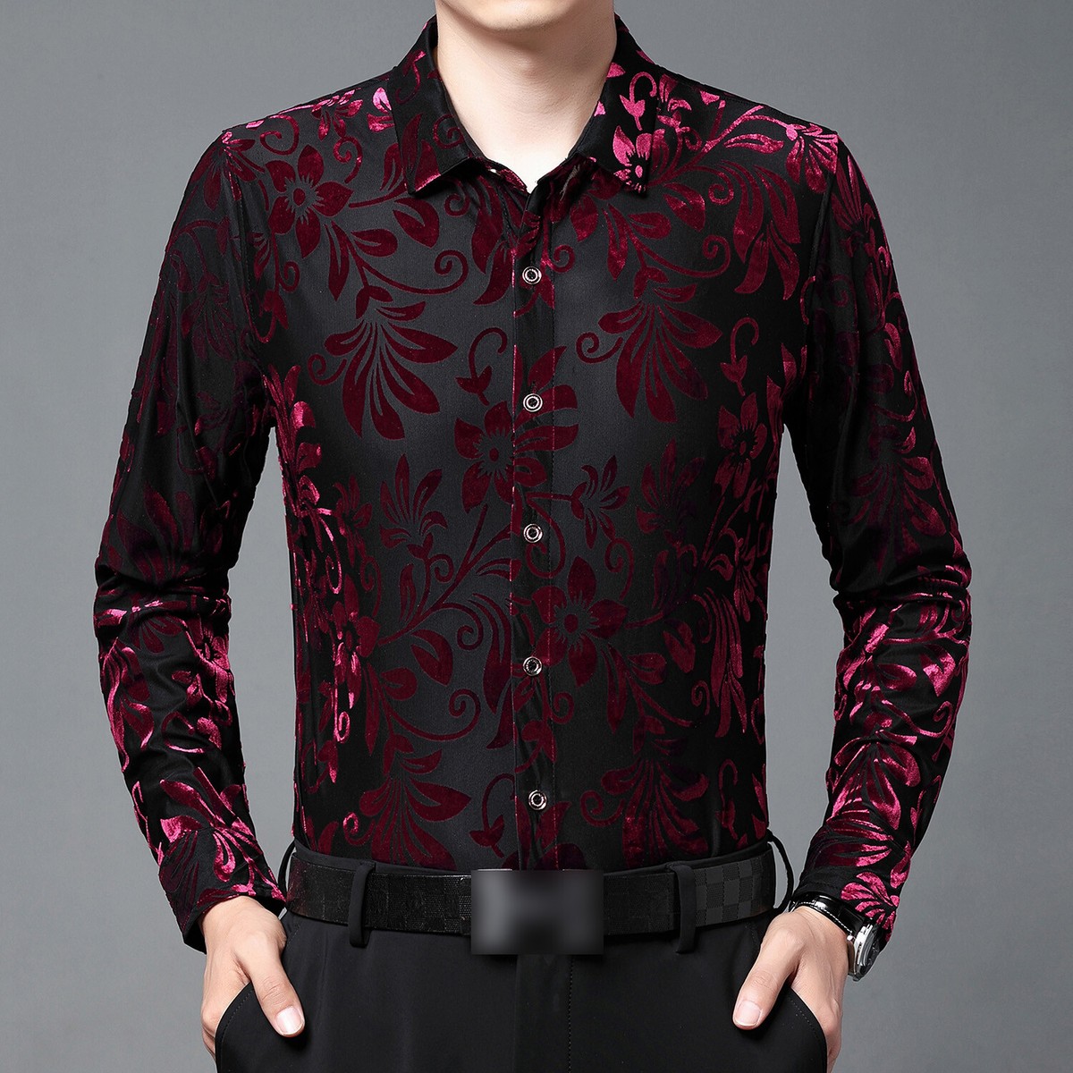 Mens Urban Fashion Long Sleeve Casual Shirts Tops Flower Pattern Black Blue  New