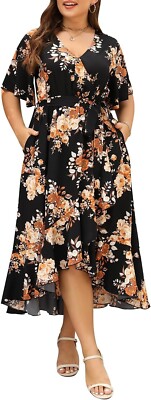 Keluummi Summer Casual Boho Black Floral Empire Waist V Neck Dress - Size  16 | eBay