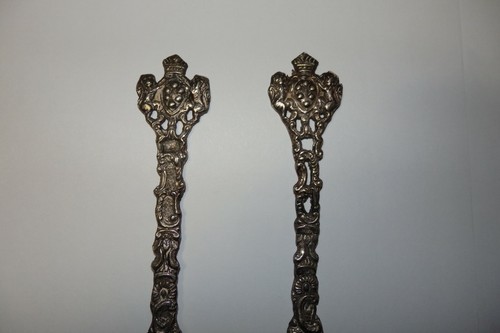 Antique Italian Ornate 7" Decorative Silver Salad Fork Spoon Set w Lions & Crest - Picture 4 of 6