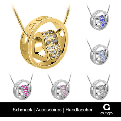 Damn Halskette Herz im Ring Collier Strass Zirkonia Herzen Kristall Anhänger