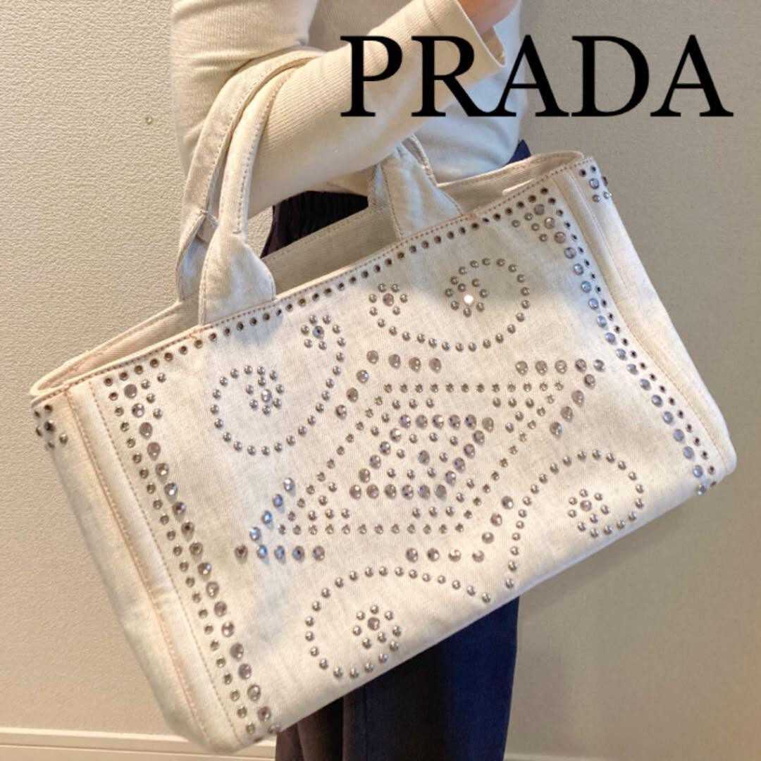 PRADA Canapa Bijou Denim Studded Tote Bag Gray White Used | eBay PRADA Canapa Bijou Denim Studded Tote Bag Gray White Used | eBay