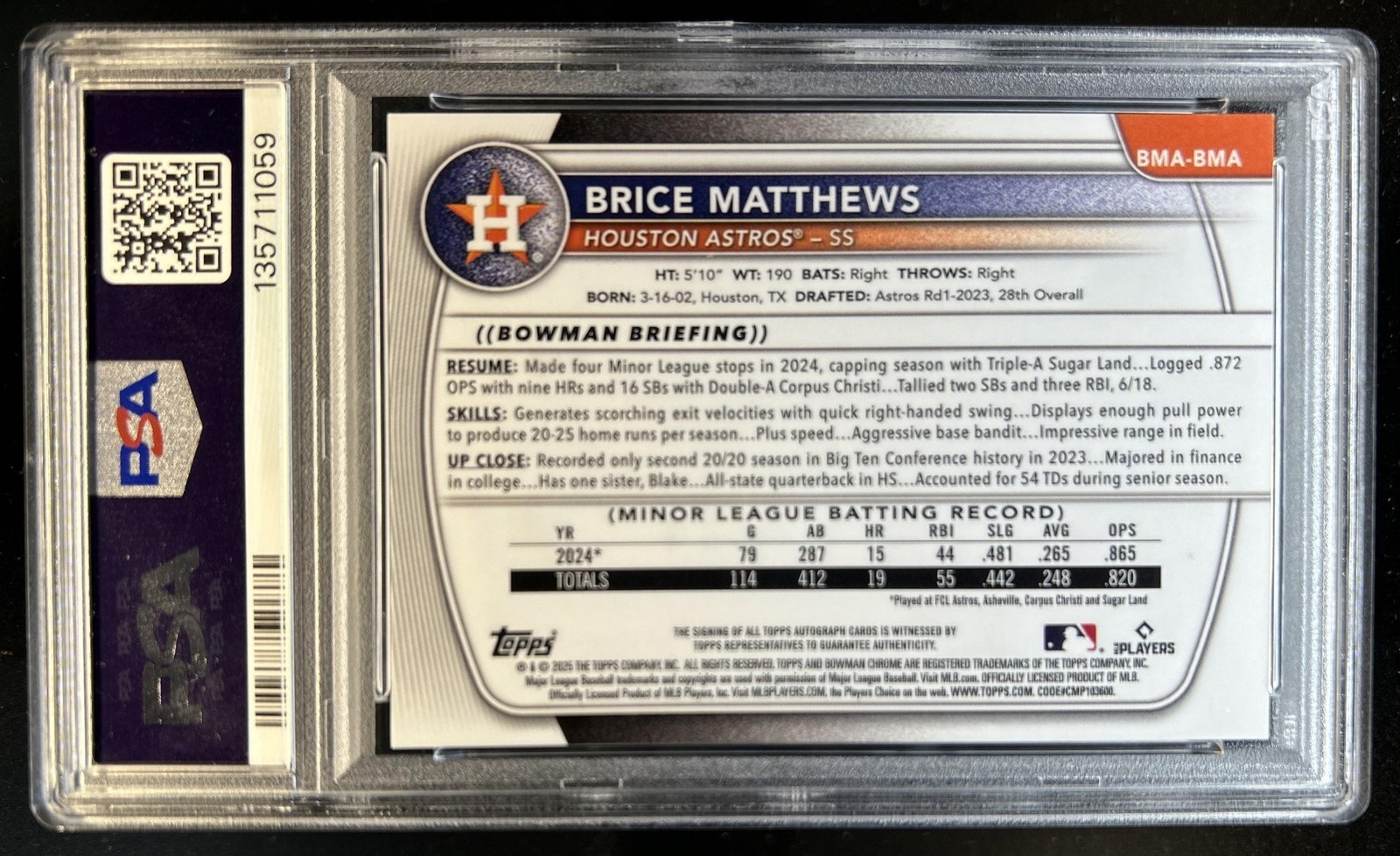 2025 Bowman Brice Matthews Chrome Auto Mega Box Black Refractor #/10 PSA 7 view 2