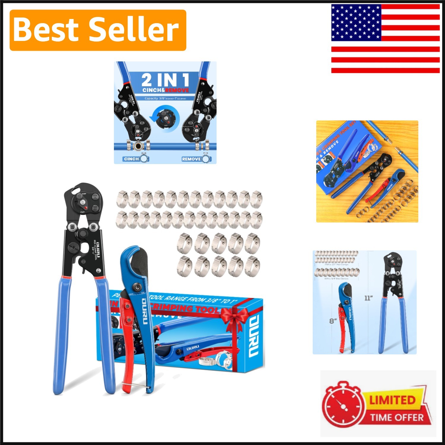 Ergonomic PEX Crimping Tool Kit - 3/8" to 1" Compatibility with Cutter & Clamps