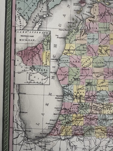Michigan state early RR lines canals 1850-5 Cowperthwait lovely hand colored map - Picture 5 of 9