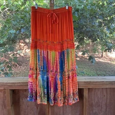 Raiment Women's Vintage Orange Rainbow Pleated Maxi Skirt Size 30" Waist