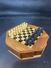 Octagonal Mini Chess Set Strategy Board Game Wood Drawers 