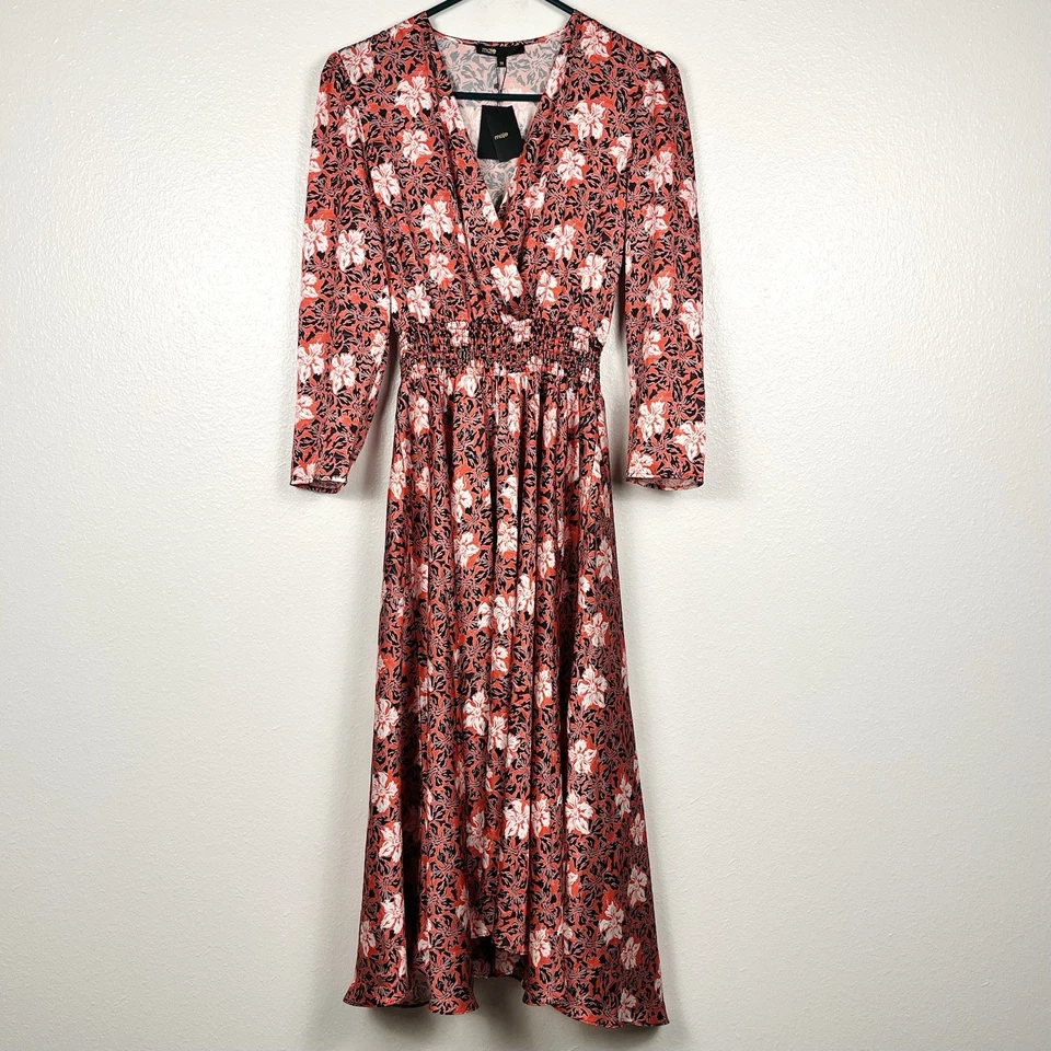 Vestido midi novo com etiquetas Maje vermelho e preto floral frente cruzada tamanho 36/pequeno - Imagem 2 de 4