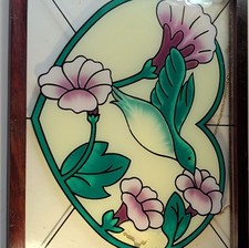 PAINTED Stained Glass Window Panel Framed Bird Floral Decorative Nature