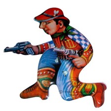 Vintage 1984 B Shackman & Co Litho Tin Cowboy Gunfighter Mechanical Toy India
