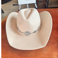 Beige Western Cowboy Hat with Silver-Tone Concho Hatband, Cowboy Style