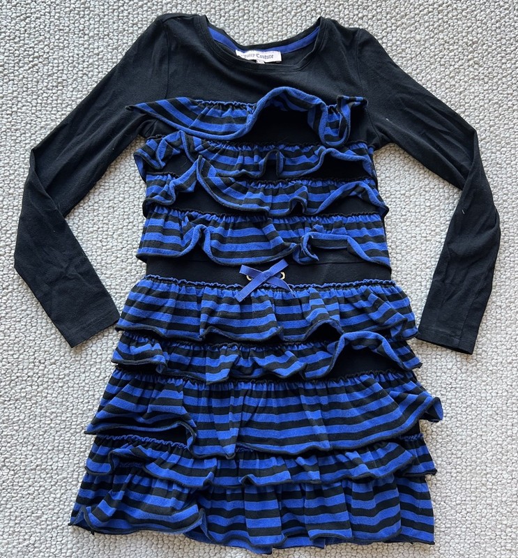 EUC Girls Juicy Couture Blue and Black Stripe Ruffle Cotton LS Dress L 8 10