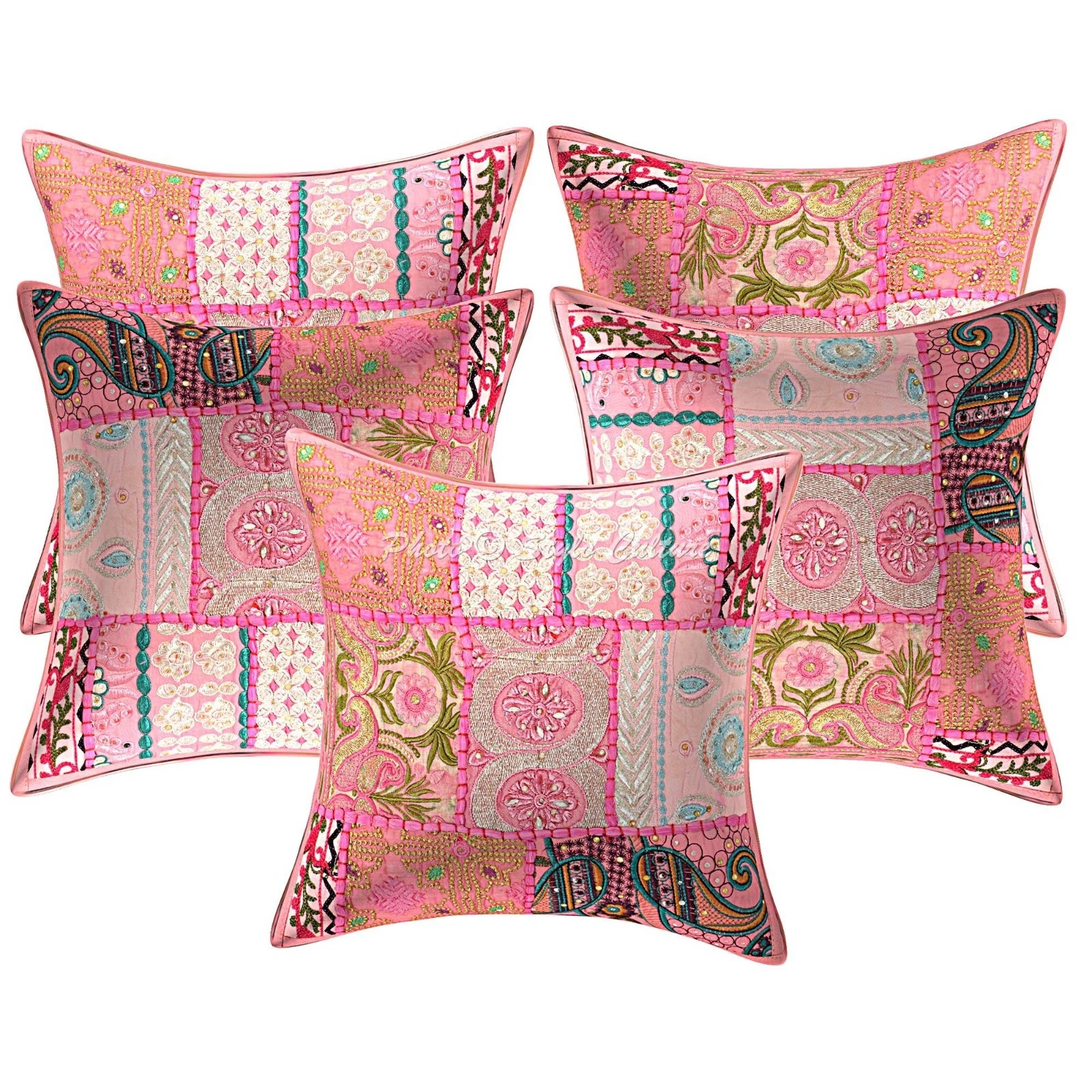 Indian Vintage Patchwork Throw Pillow Covers Cotton Pink 12x12 Boho Home Decor