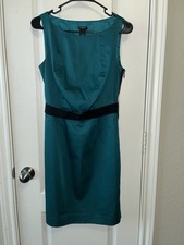 Ann Taylor Teal Sheath Dress Black Waistband Sleeveless Knee Length Size 2