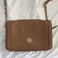 Tory Burch Brown Pebbled Shoulder Bag Chain Strap Gold Hardware Logo Accent