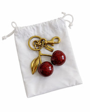 Red Cherry Apple Bag Charm Keychain Resin Metal Brass Purse Decoration