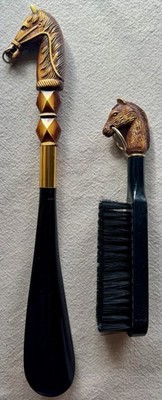 Vintage 1970 s EQUESTRIAN HORSE HEAD Shoe Horn&Clothes Brush Set Made In Japan