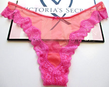 VICTORIA'S SECRET Tease High Leg Thong Panty VS Orange Coral Peony S M Mesh Lace