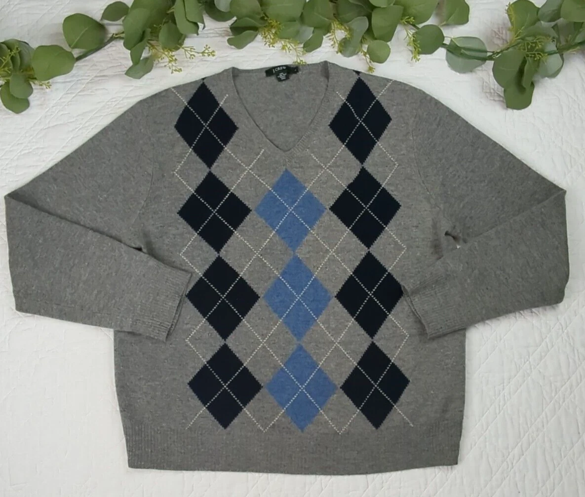 J Crew Mens Argyle V-Neck Lambswool Pullover Gray and Blue Sweater Size L