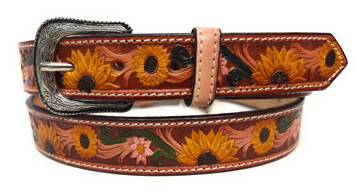 Brown Leather Belt with Gold Sunflower Buckle Genuine Women main image 4