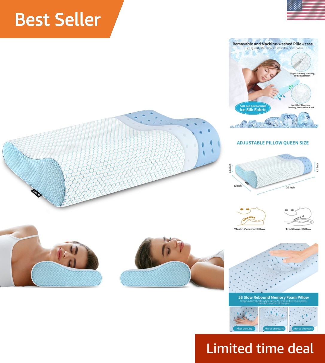 Orthopedic Contour Pillow with Cooling Cover - Relieves Neck and Shoulder Pain