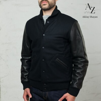 MEN BOMBER VARISTY JACKET WOOL BODY WITH 100% LEATHER SLEEVES COLLEGE STYLE 2024