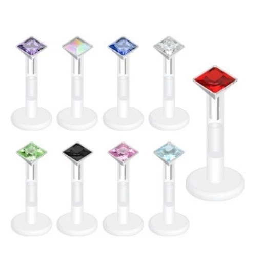 SQUARE CUT CZ GEM LIP RING LABRET MONROE BIOFLEX PIERCING BAR 16G