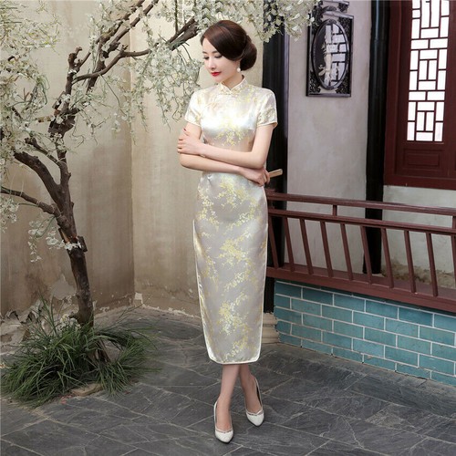 Vestido Tradicional Chino Largo Cheongsam Mujer Seda Satén Hanfu Qipao Talla S-6XL - Imagen 8 de 32