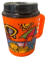 VTG Retro Betras Big Mug Thermos Water Bottle Summer Fun Neon Orange Beach 52 Oz