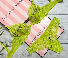 Victoria's Secret LUXE Unlined Floral Embroidered Demi Bra Thong Set Limelight