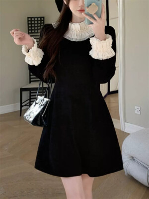 Korean Women princess retro corduroy High waisted Long sleeved