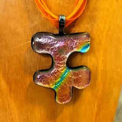 Autism Awareness Orange Multi Fused Glass Handmade Artisan Puzzle Pendant