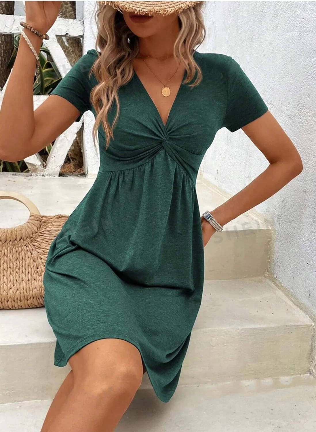 OFF WHITE Abito estivo cotone scollo a V increspato casual manica corta midi taglia UKWomen