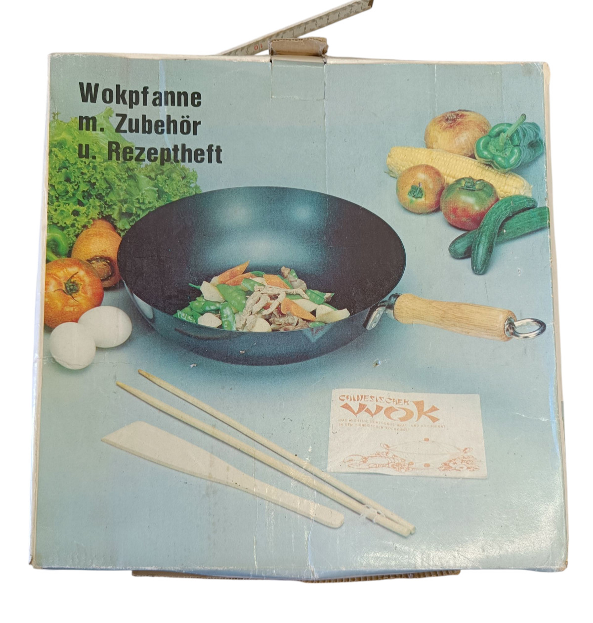 Chinesische Wokpfanne mit Holzgriff Zubehör, Stäbchen & Rezeptbuch in OVP
