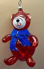 Teddy Bear Ornament From Italy Blown Red Glass With Blue Bow By Di Carlini