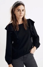 Madewell Black Long Sleeve Ruffle Blouse Keyhole Back Size Small