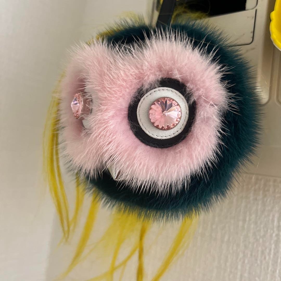 FENDI Monster Bugs Bag charm Fur Leather Green Pink Studded Key