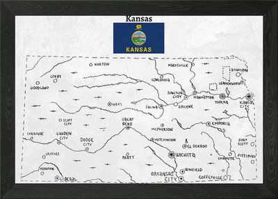 Hand Drawn Map of Kansas Framed Wall Art Poster Canvas Print Picture