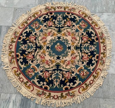 Round Vintage French Handmade Aubusson Rug Needle Point Floral Chain Stitch Rug