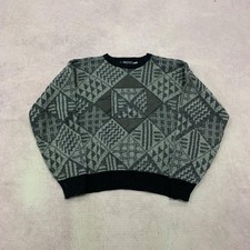Vintage Knitted Jumper abstract patterned grandad knit sweater with leather