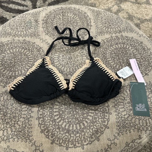 Wild Fable Womens Crochet Trim Triangle Bikini Top Small Black NWT Halter Boho