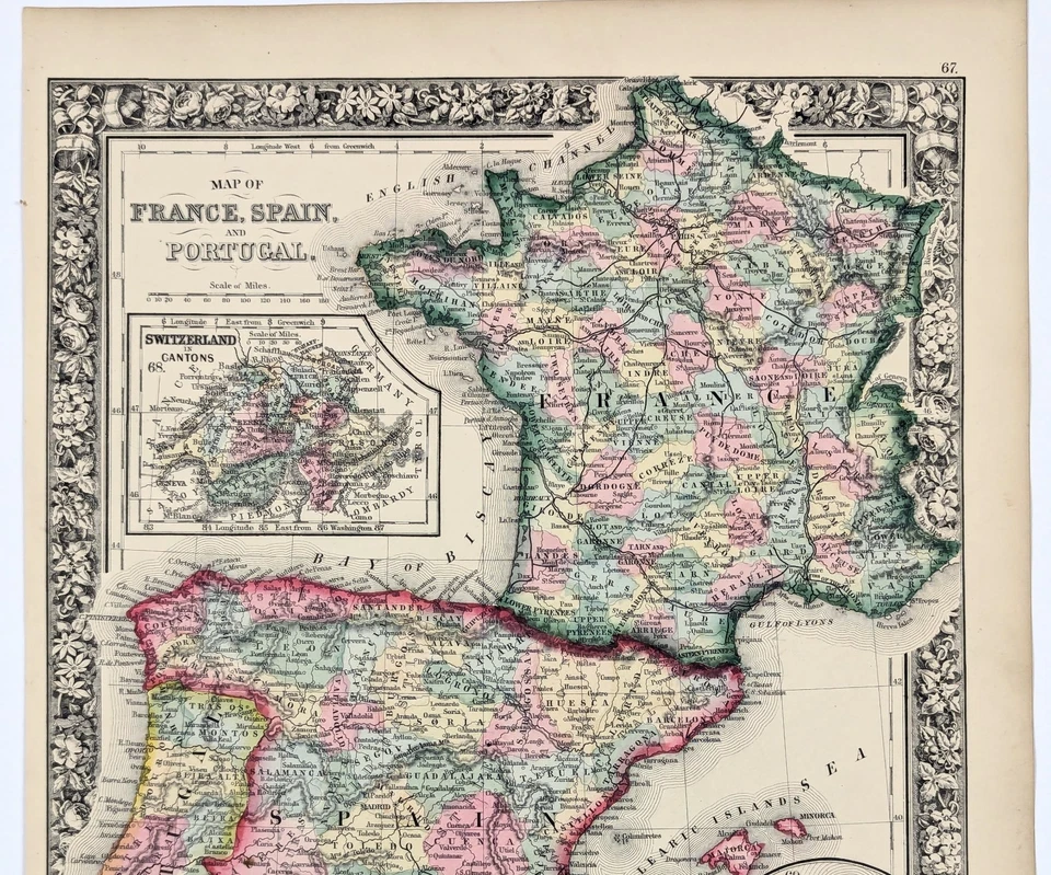 1864 FRANCE - SPAIN - PORTUGAL Map ORIGINAL (13.5X11) Corsica Paris Madrid - Image 2 of 4