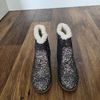 Gap Kids Girls Pewter Grey Glitter Ankle Boots Faux Shearling Fur Trim Size 3